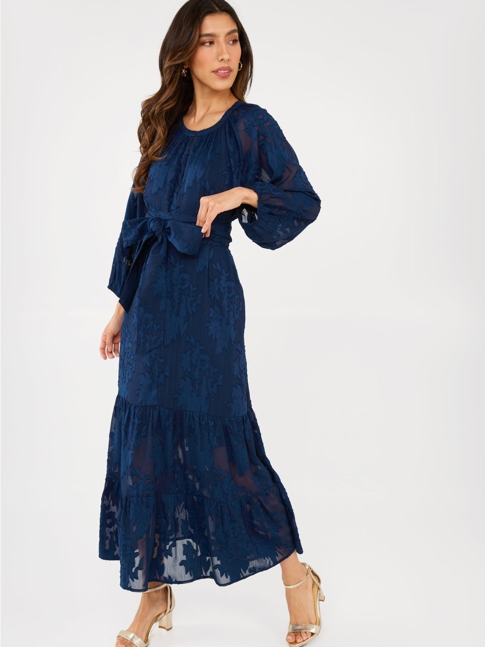 Elise Dress Navy Burnout Chiffon - Picture 3 of 8